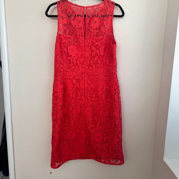 J.Crew Sheath Lace Overlay Dress Red Floral Round Neck Back Zip Sleeveless Sz 12 - Picture 6 of 7